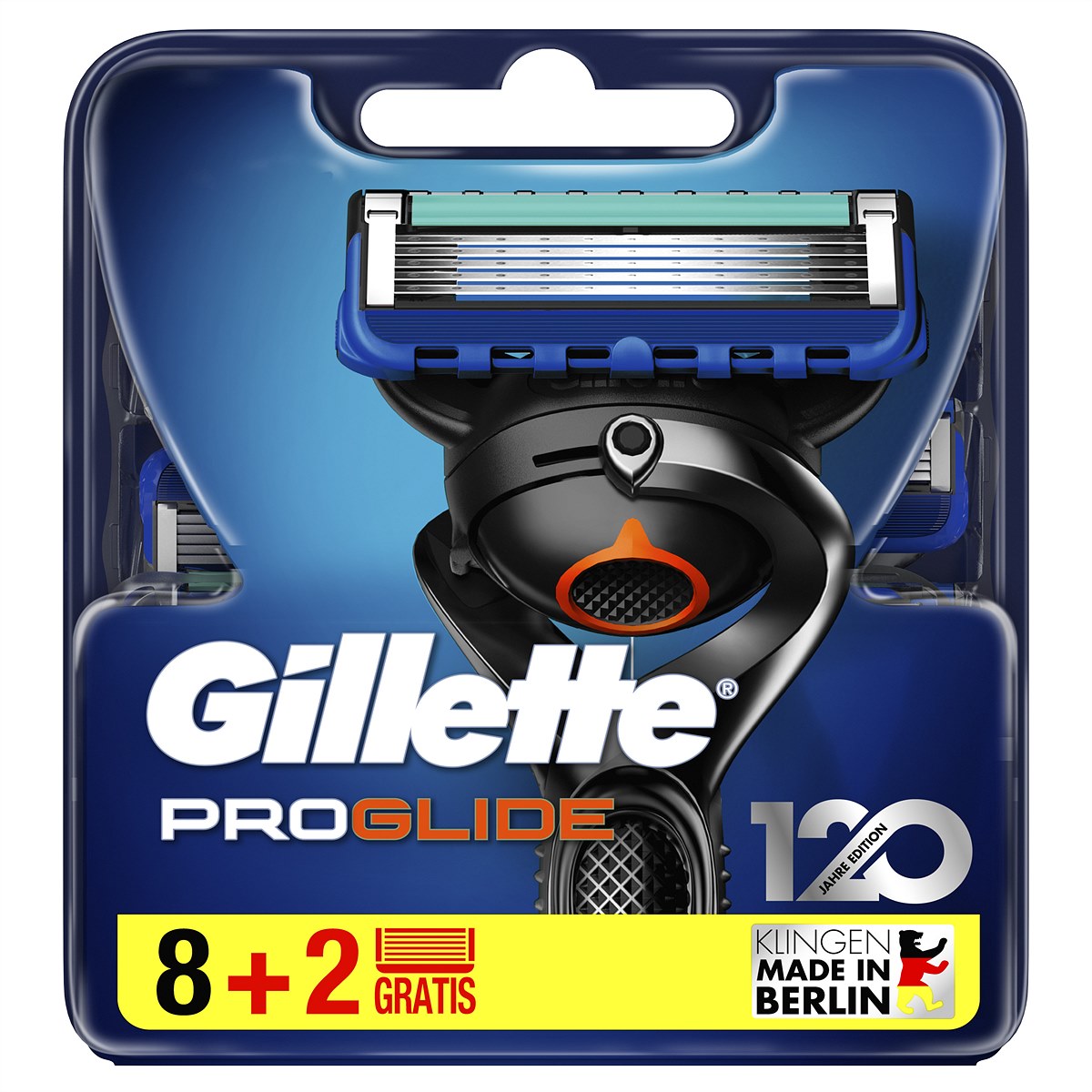 Die Gillette ProGlide 8er-Klingenpackung enthält im Jubiläumsmonat zwei zusätzliche Klingen. 